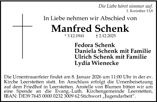 Traueranzeige von Manfred Schenk von Schwabacher Tagblatt Lokal