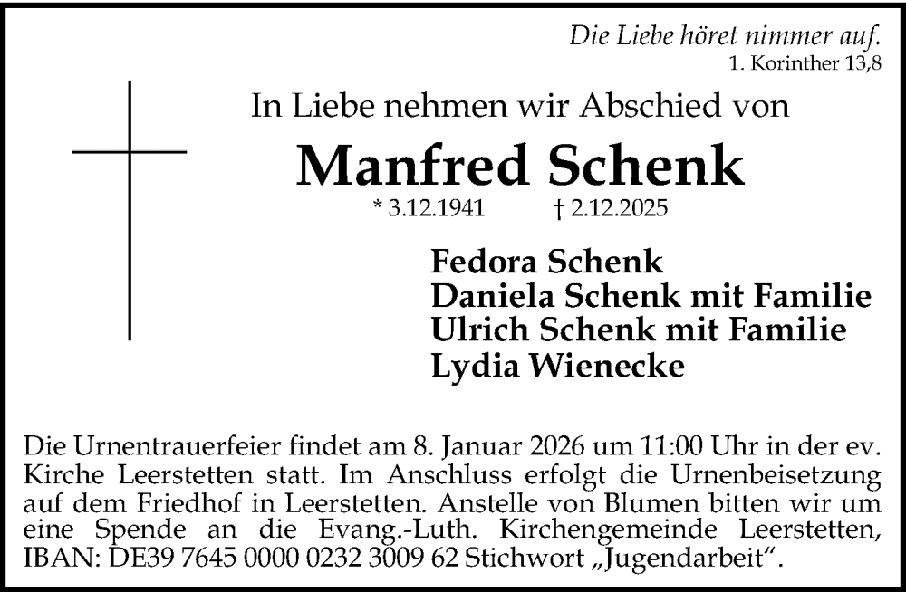  Traueranzeige für Manfred Schenk vom 03.01.2026 aus Schwabacher Tagblatt Lokal