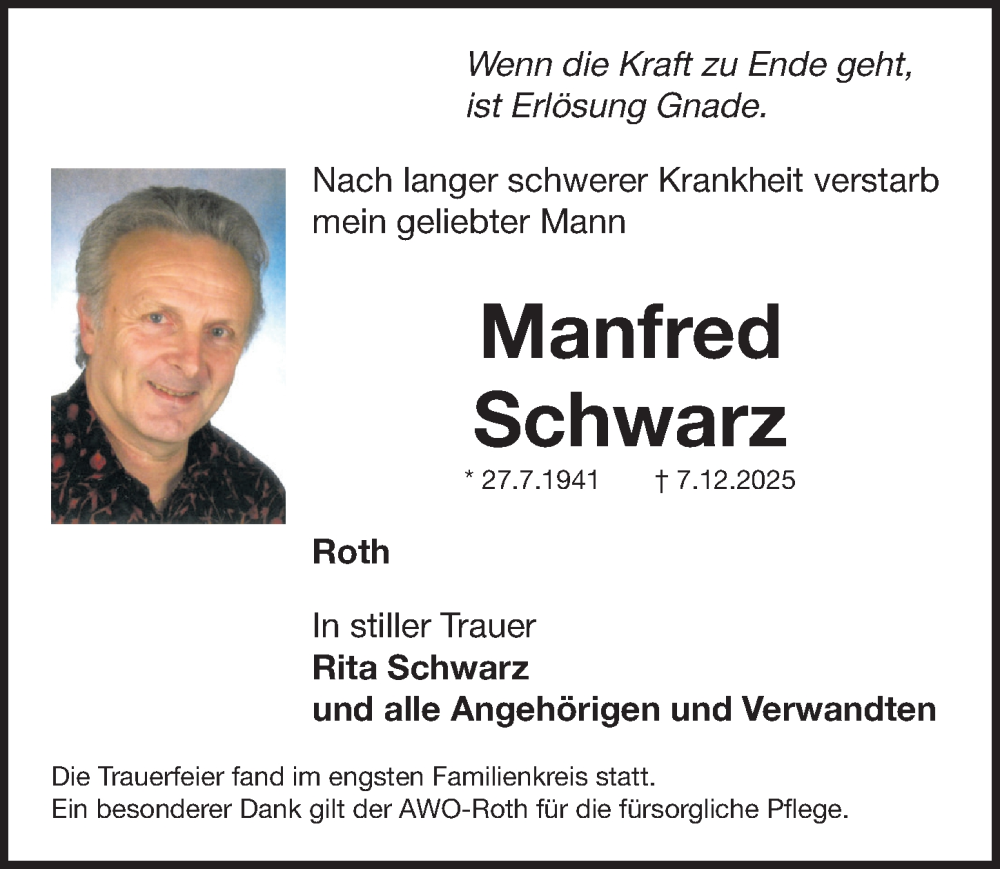  Traueranzeige für Manfred Schwarz vom 10.01.2026 aus Roth-Hilpoltsteiner Volkszeitung Lokal