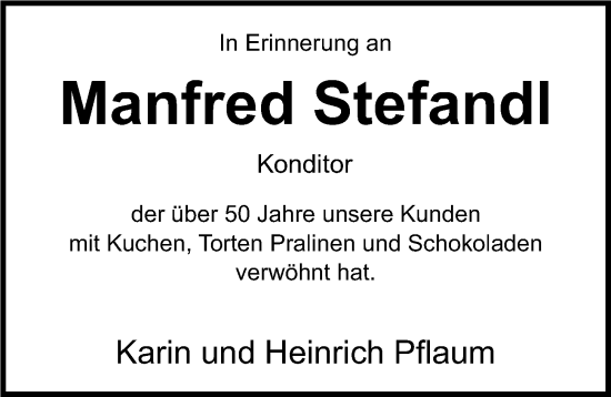 Traueranzeige von Manfred Stefandl von Nordbayerische Nachrichten Pegnitz Lokal
