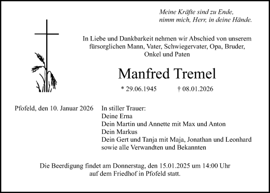 Traueranzeige von Manfred Tremel von Altmühl-Bote Lokal