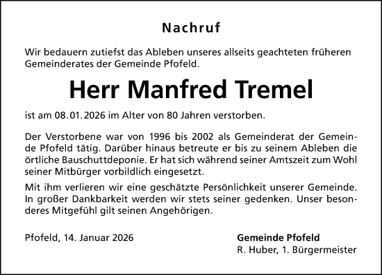 Traueranzeige von Manfred Tremel von Altmühl-Bote Lokal