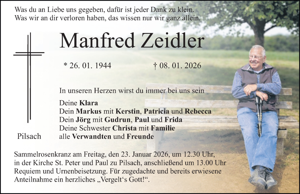  Traueranzeige für Manfred Zeidler vom 17.01.2026 aus Neumarkter Nachrichten Lokal