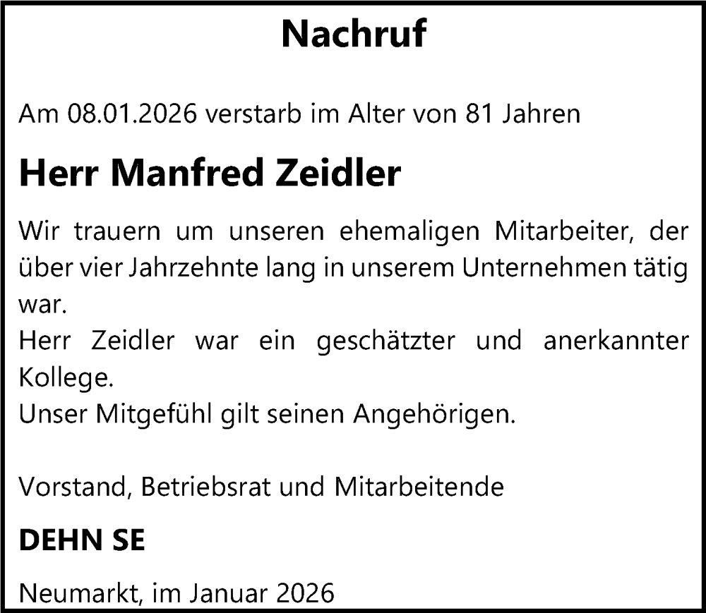  Traueranzeige für Manfred Zeidler vom 22.01.2026 aus Neumarkter Nachrichten Lokal