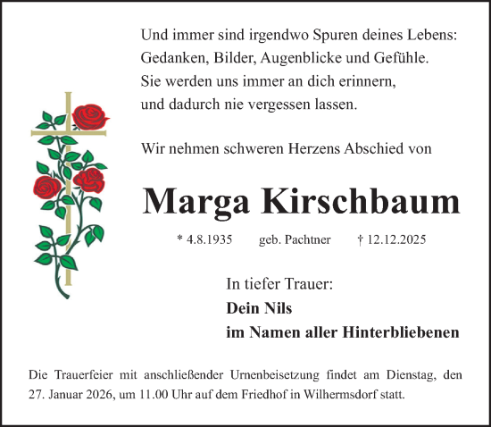Traueranzeige von Marga Kirschbaum von Fürther Nachrichten Lokal