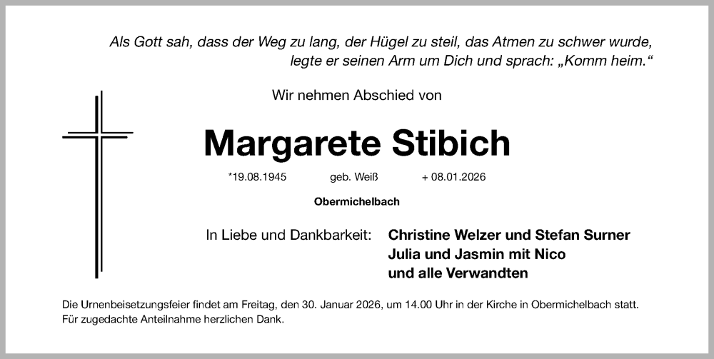  Traueranzeige für Margarete Stibich vom 24.01.2026 aus Fürther Nachrichten Lokal