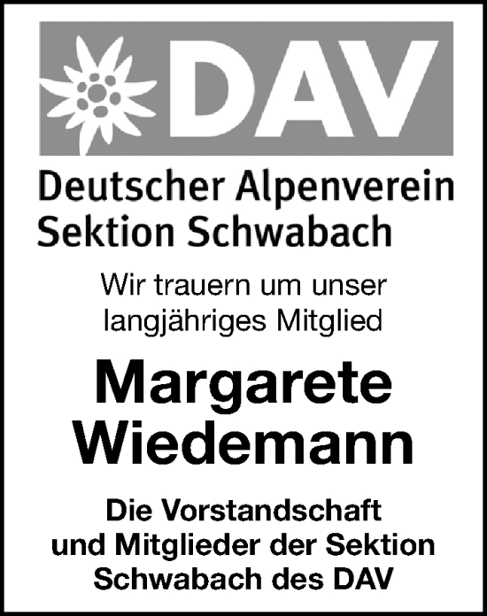 Traueranzeige von Margarete Wiedemann von Schwabacher Tagblatt Lokal