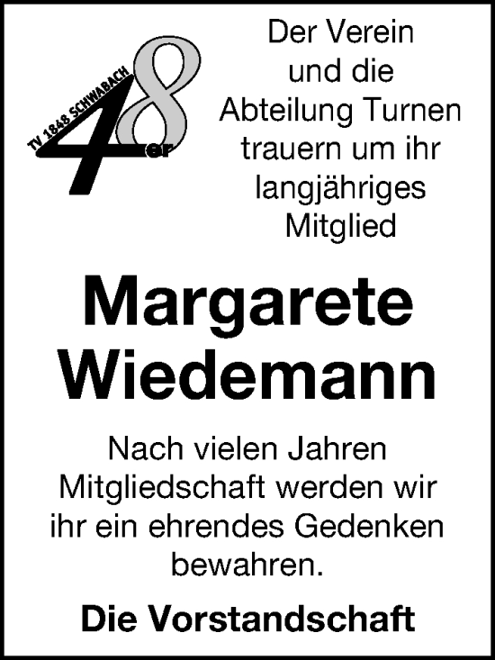 Traueranzeige von Margarete Wiedemann von Schwabacher Tagblatt Lokal
