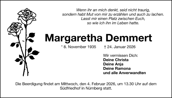 Traueranzeige von Margaretha Demmert von Gesamtausgabe Nürnberger Nachrichten/ Nürnberger Ztg./ Fürther Nachrichten