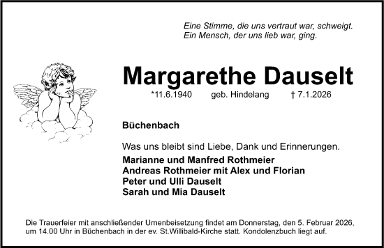 Traueranzeige von Margarethe Dauselt von Roth-Hilpoltsteiner Volkszeitung Lokal