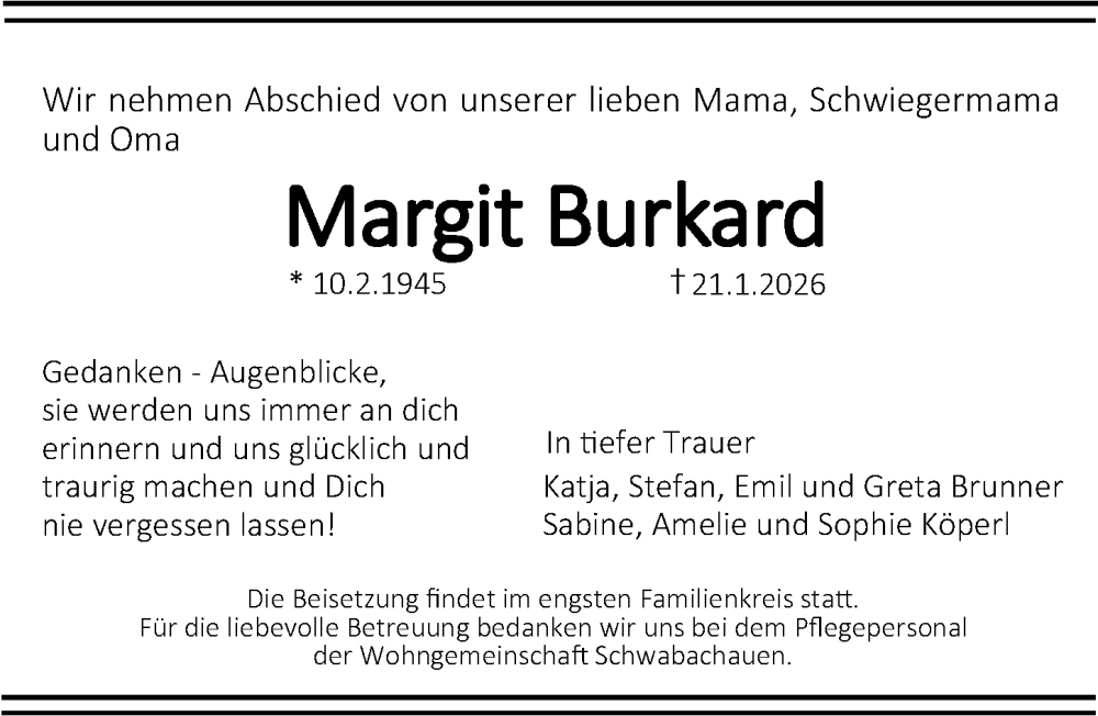  Traueranzeige für Margit Burkard vom 24.01.2026 aus Erlanger Nachrichten Lokal