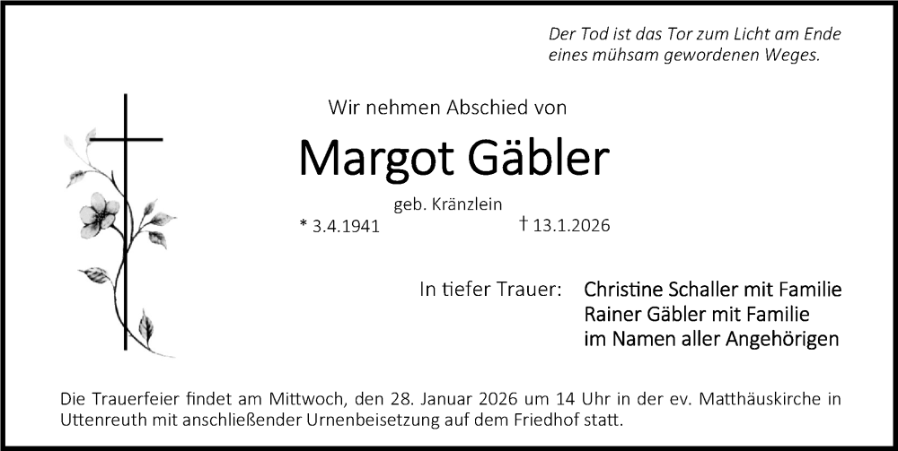  Traueranzeige für Margot Gäbler vom 24.01.2026 aus Erlanger Nachrichten/ Nordbayer. Nachrichten Forchheim