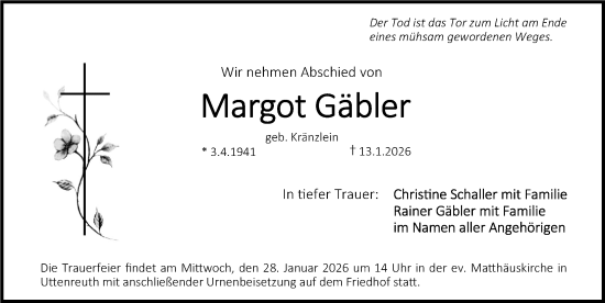 Traueranzeige von Margot Gäbler von Erlanger Nachrichten/ Nordbayer. Nachrichten Forchheim