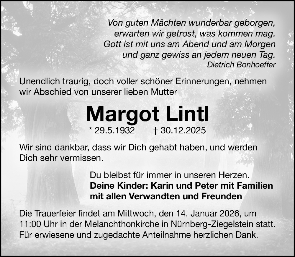 Traueranzeige für Margot Lintl vom 10.01.2026 aus Gesamtausgabe Nürnberger Nachrichten/ Nürnberger Ztg.