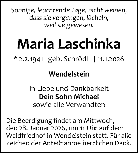 Traueranzeige von Maria Laschinka von Gesamtausgabe Nürnberger Nachrichten/ Nürnberger Ztg.