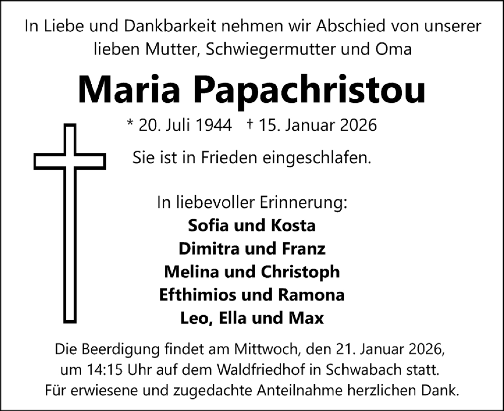  Traueranzeige für Maria Papachristou vom 19.01.2026 aus Schwabacher Tagblatt Lokal