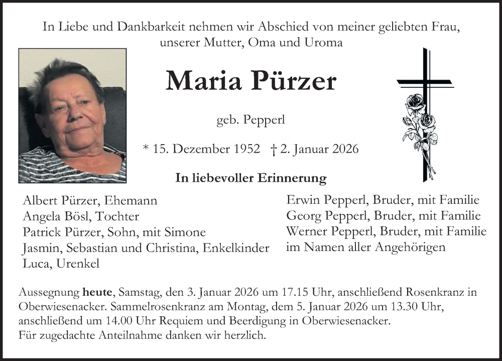  Traueranzeige für Maria Pürzer vom 03.01.2026 aus Neumarkter Nachrichten Lokal