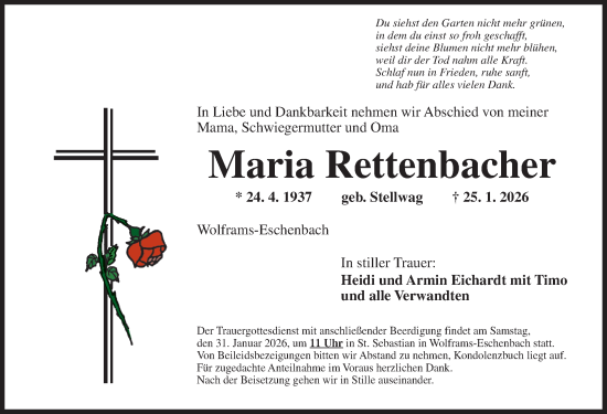 Traueranzeige von Maria Rettenbacher von Altmühl-Bote Lokal