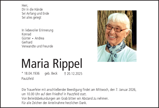 Traueranzeige von Maria Rippel von Nordbayerische Nachrichten Forchheim Lokal