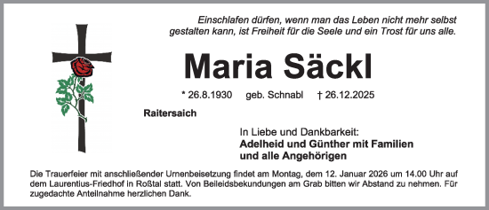 Traueranzeige von Maria Säckl von Fürther Nachrichten Lokal
