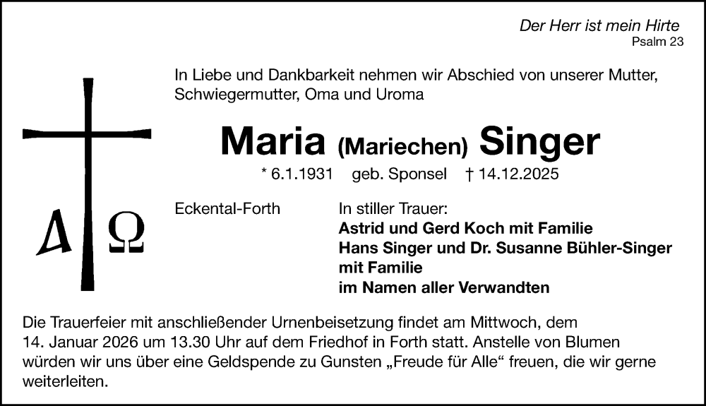  Traueranzeige für Maria Singer vom 10.01.2026 aus Gesamtausgabe Nürnberger Nachrichten/ Nürnberger Ztg.