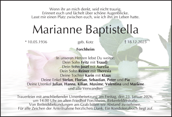 Traueranzeige von Marianne Baptistella von Nordbayerische Nachrichten Forchheim Lokal
