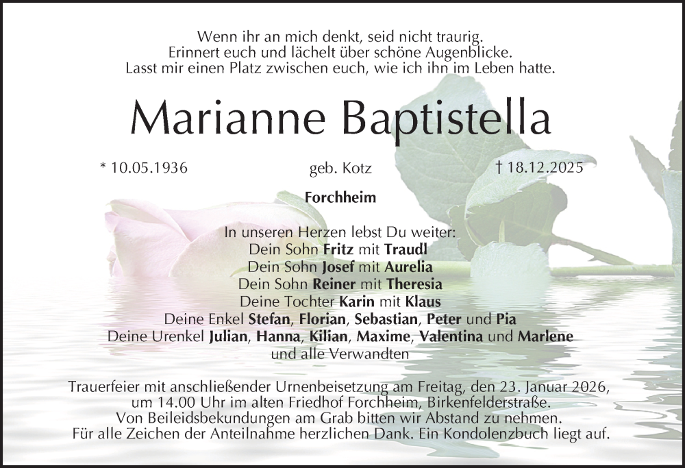  Traueranzeige für Marianne Baptistella vom 17.01.2026 aus Nordbayerische Nachrichten Forchheim Lokal