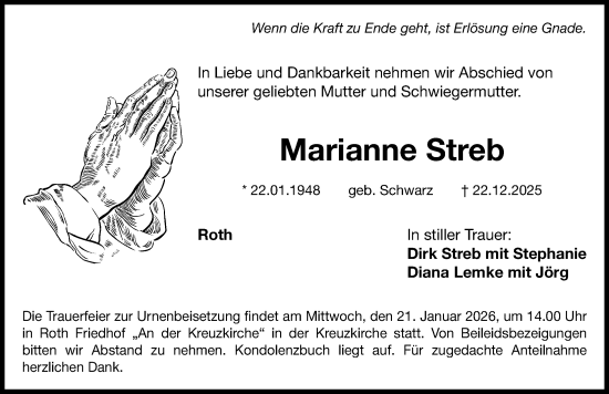 Traueranzeige von Marianne Streb von Roth-Hilpoltsteiner Volkszeitung Lokal
