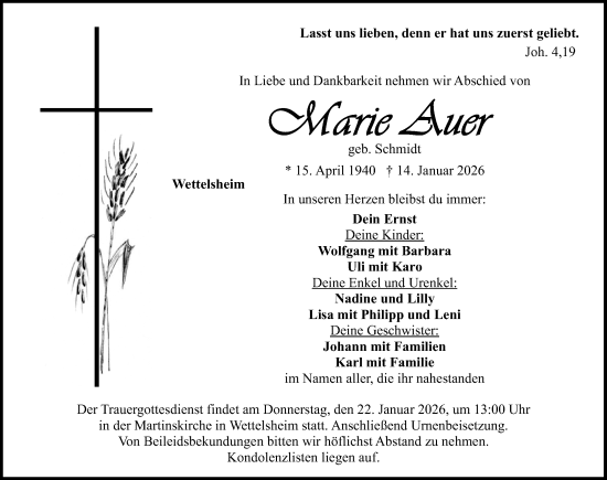 Traueranzeige von Marie Auer von Altmühl-Bote Lokal