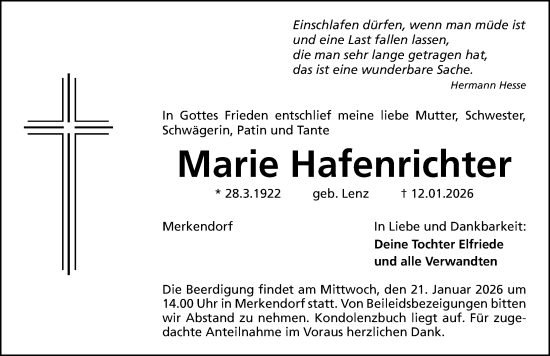 Traueranzeige von Marie Hafenrichter von Altmühl-Bote Lokal