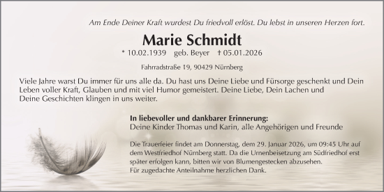 Traueranzeige von Marie Schmidt von Gesamtausgabe Nürnberger Nachrichten/ Nürnberger Ztg.