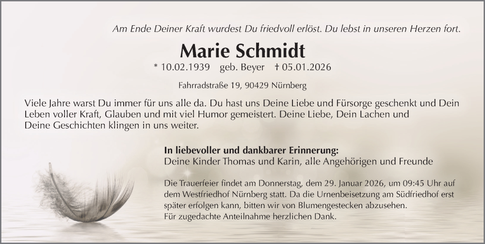  Traueranzeige für Marie Schmidt vom 24.01.2026 aus Gesamtausgabe Nürnberger Nachrichten/ Nürnberger Ztg.