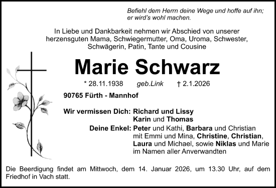 Traueranzeige von Marie Schwarz von Erlanger Nachrichten/ Fürther Nachrichten