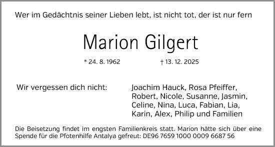Traueranzeige von Marion Gilgert von Gesamtausgabe Nürnberger Nachrichten/ Nürnberger Ztg.