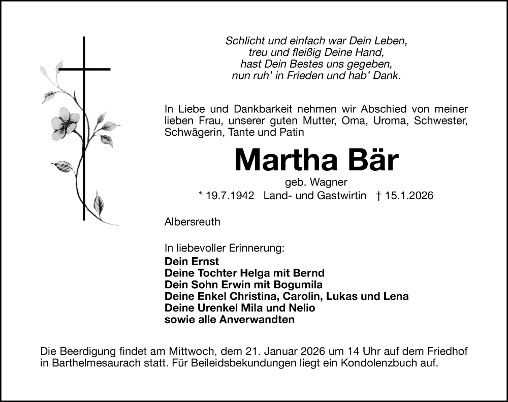  Traueranzeige für Martha Bär vom 17.01.2026 aus Schwabacher Tagblatt Lokal