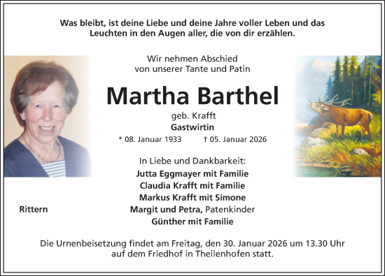 Traueranzeige von Martha Barthel von Altmühl-Bote Lokal