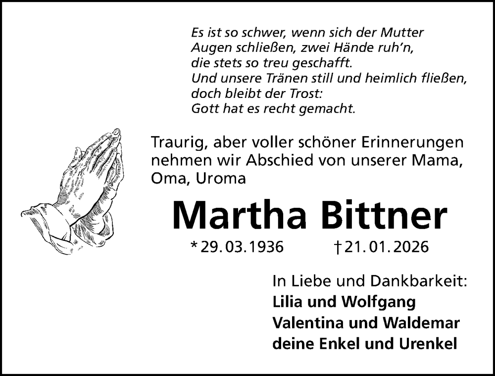  Traueranzeige für Martha Bittner vom 24.01.2026 aus Altmühl-Bote Lokal