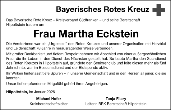 Traueranzeige von Martha Eckstein von Roth-Hilpoltsteiner Volkszeitung Lokal