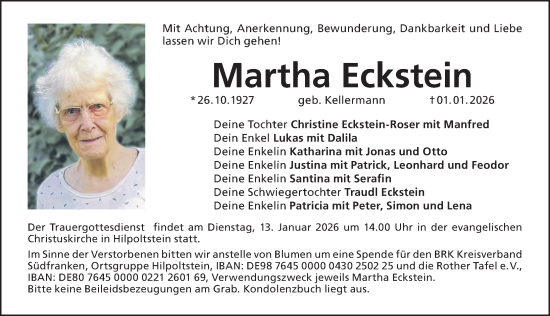 Traueranzeige von Martha Eckstein von Roth-Hilpoltsteiner Volkszeitung Lokal