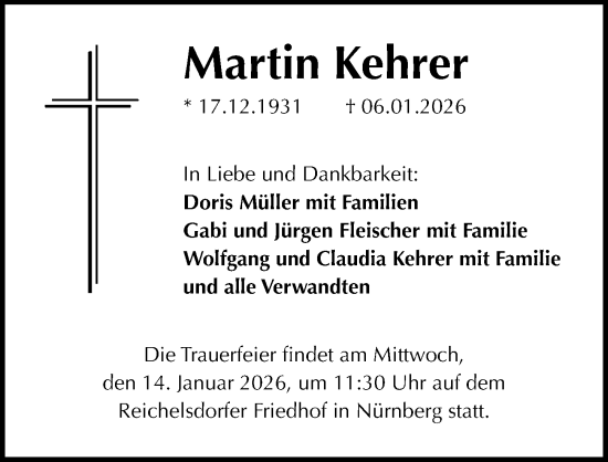 Traueranzeige von Martin Kehrer von Gesamtausgabe Nürnberger Nachrichten/ Nürnberger Ztg.