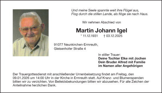 Traueranzeige von Martin Johann Igel von Gesamtausgabe Nürnberger Nachrichten/ Nürnberger Ztg.