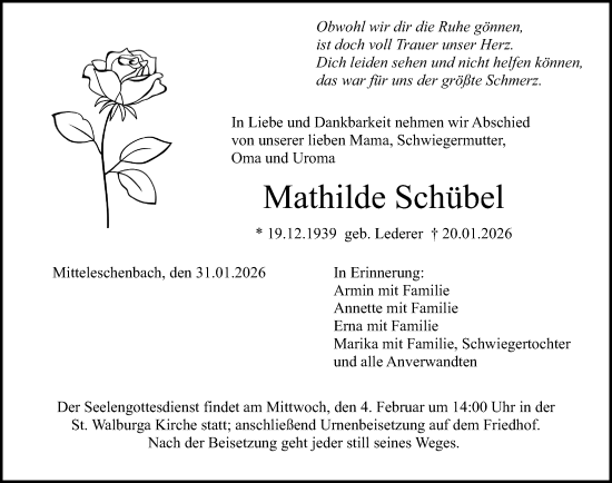Traueranzeige von Mathilde Schübel von Altmühl-Bote Lokal