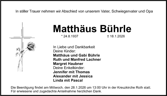 Traueranzeige von Matthäus Bührle von Roth-Hilpoltsteiner Volkszeitung Lokal