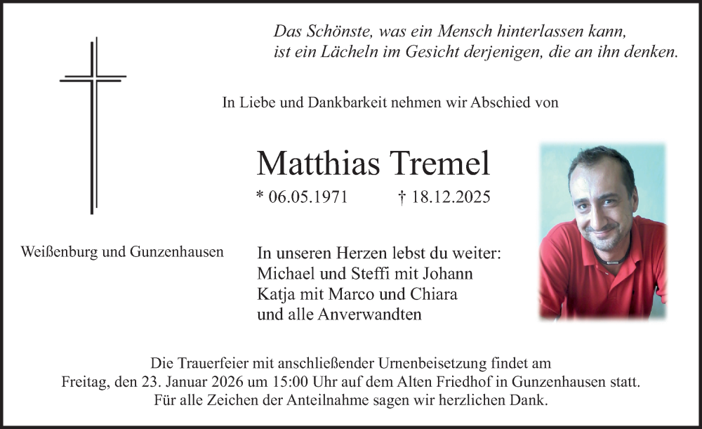  Traueranzeige für Matthias Tremel vom 17.01.2026 aus Altmühl-Bote Lokal