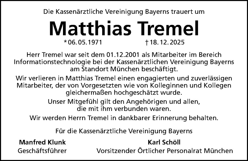  Traueranzeige für Matthias Tremel vom 17.01.2026 aus Altmühl-Bote Lokal
