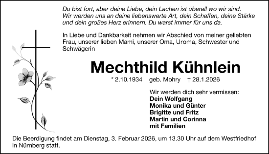 Traueranzeige von Mechthild Kühnlein von Gesamtausgabe Nürnberger Nachrichten/ Nürnberger Ztg./ Fürther Nachrichten
