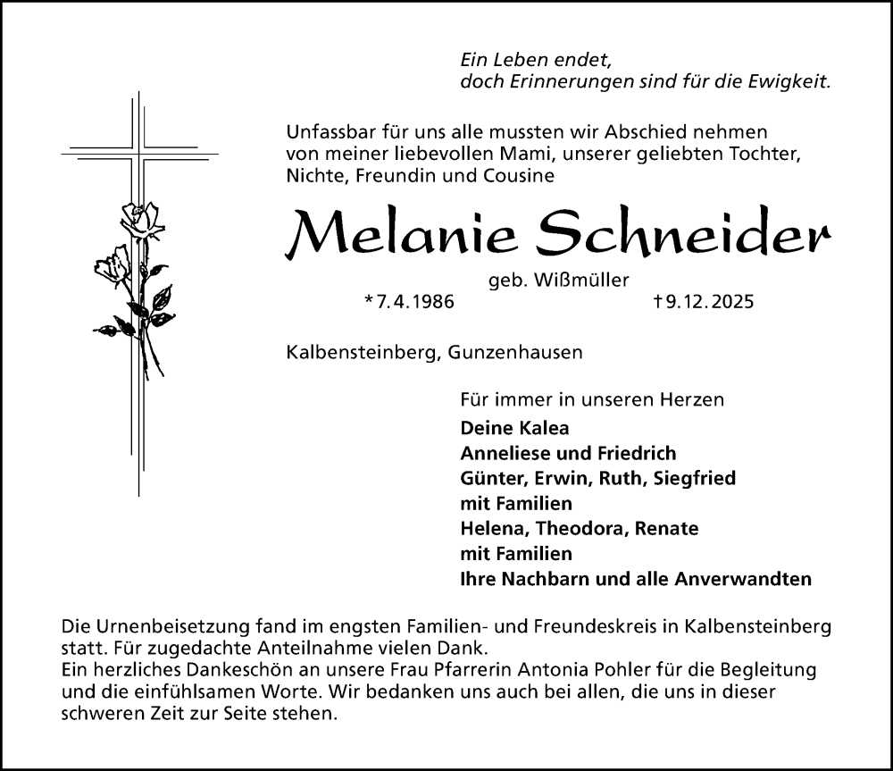  Traueranzeige für Melanie Schneider vom 10.01.2026 aus Altmühl-Bote Lokal