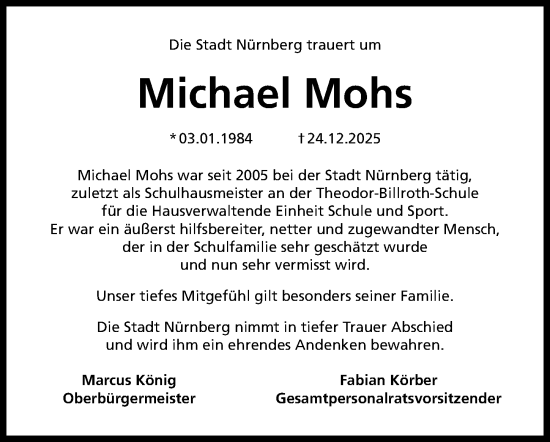 Traueranzeige von Michael Mohs von Gesamtausgabe Nürnberger Nachrichten/ Nürnberger Ztg.