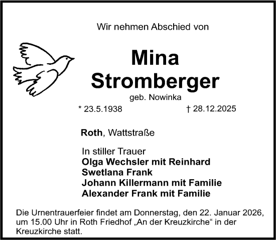 Traueranzeige von Mina Stromberger von Roth-Hilpoltsteiner Volkszeitung Lokal