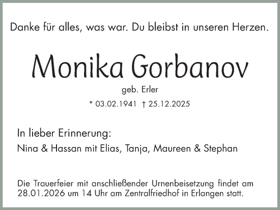 Traueranzeige von Monika Gorbanov von Erlanger Nachrichten/ Gesamtausgabe Nürnberger Nachrichten/ Nürnberger Ztg.